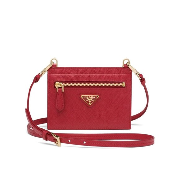 NEW PRADA Prada Shoulder Strap Cardholder Red Leather 100% Authentic - Picture 1 of 7